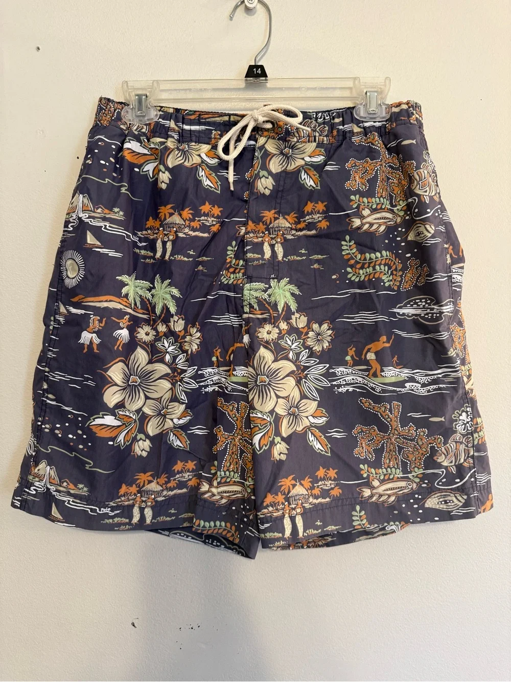 Polo Sport Ralph Lauren Hawaiian Print Swim Trunks Navy Blue Mens Large